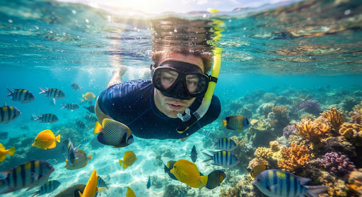 Persona practicando snorkel entre peces tropicales en aguas cristalinas
