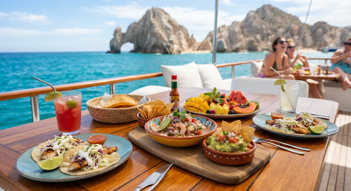 Almuerzo servido en la cubierta del barco: ceviche, guacamole y frutas tropicales